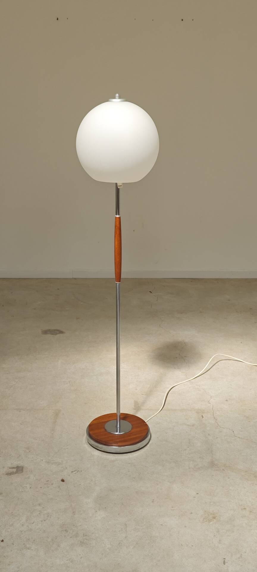 Modernist floor lamp in teak, chrome metal, opaline, Czechoslovakia 60s
