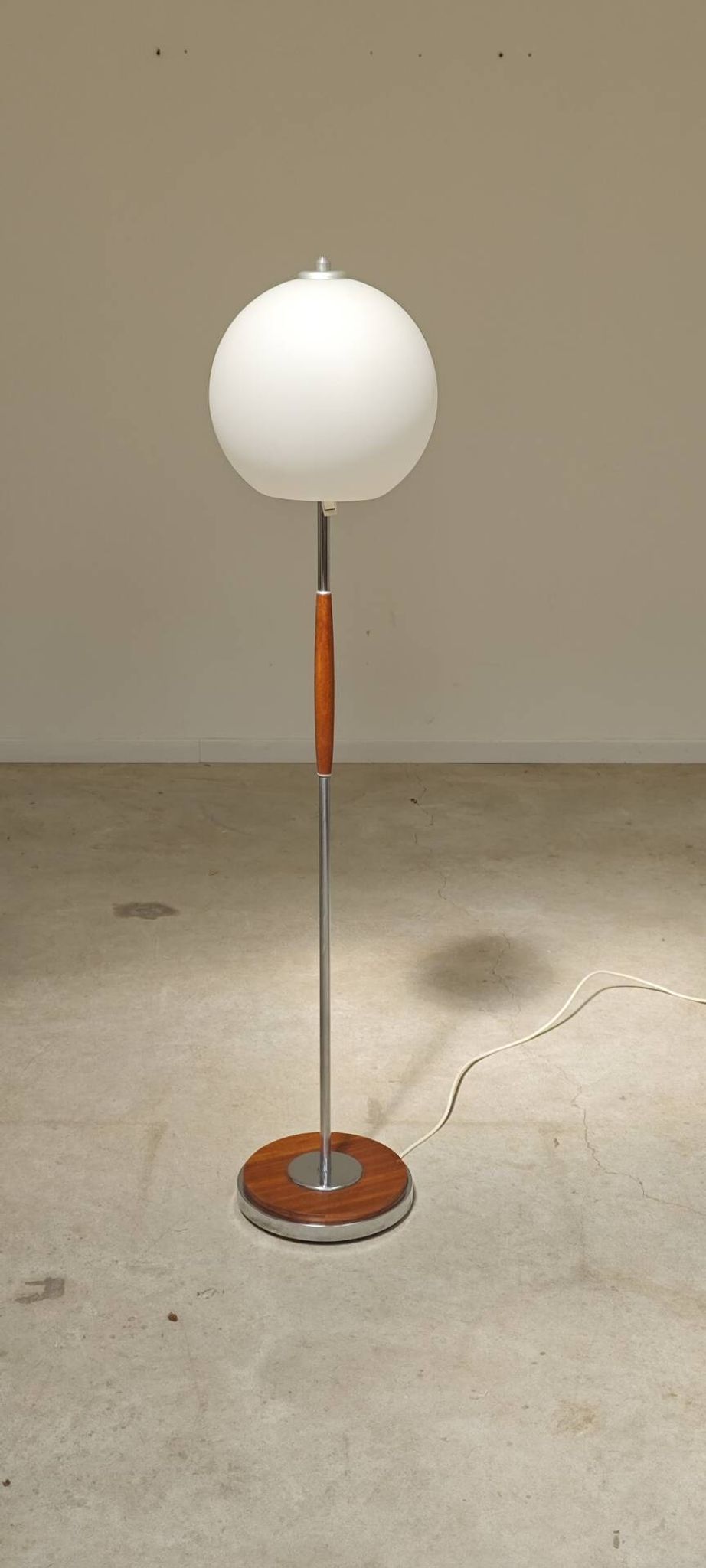 Modernist floor lamp in teak, chrome metal, opaline, Czechoslovakia 60s