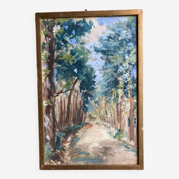 Aquarelle sur papier allée forestière par Auger 1934 cadre en bois