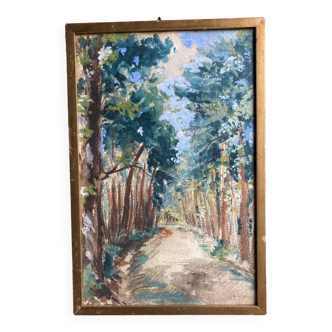 Aquarelle sur papier allée forestière par Auger 1934 cadre en bois