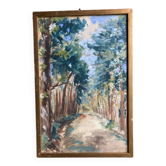 Watercolor on paper forest alley by Auger 1934 wooden frame