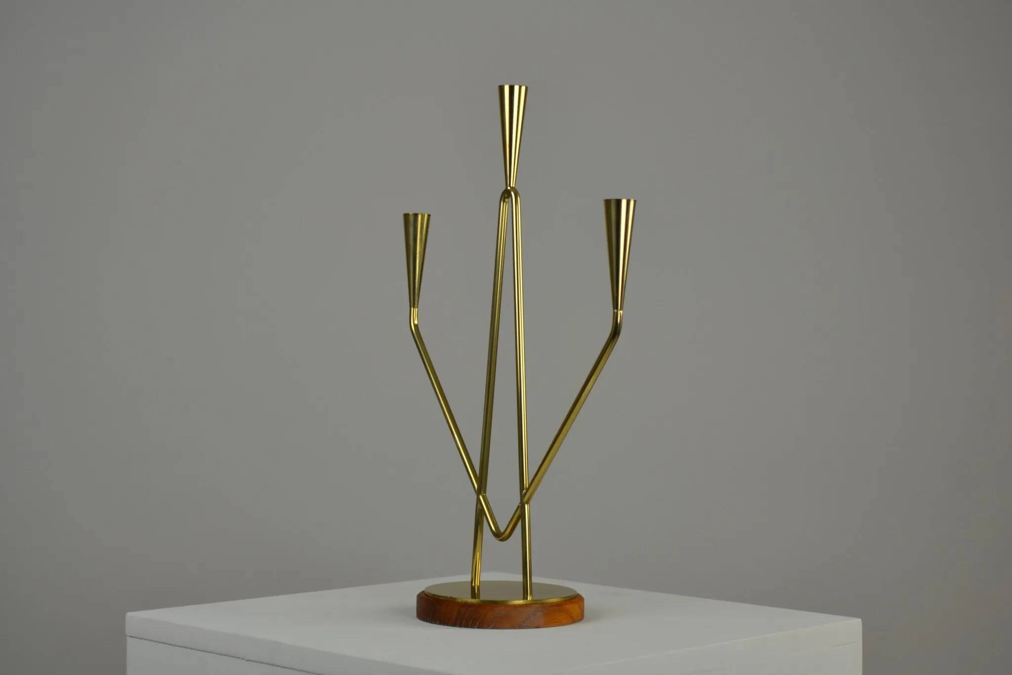 Brass and Teak Candelabra by Gunnar Ander for Ystad-Metall, Sweden, 1950s
