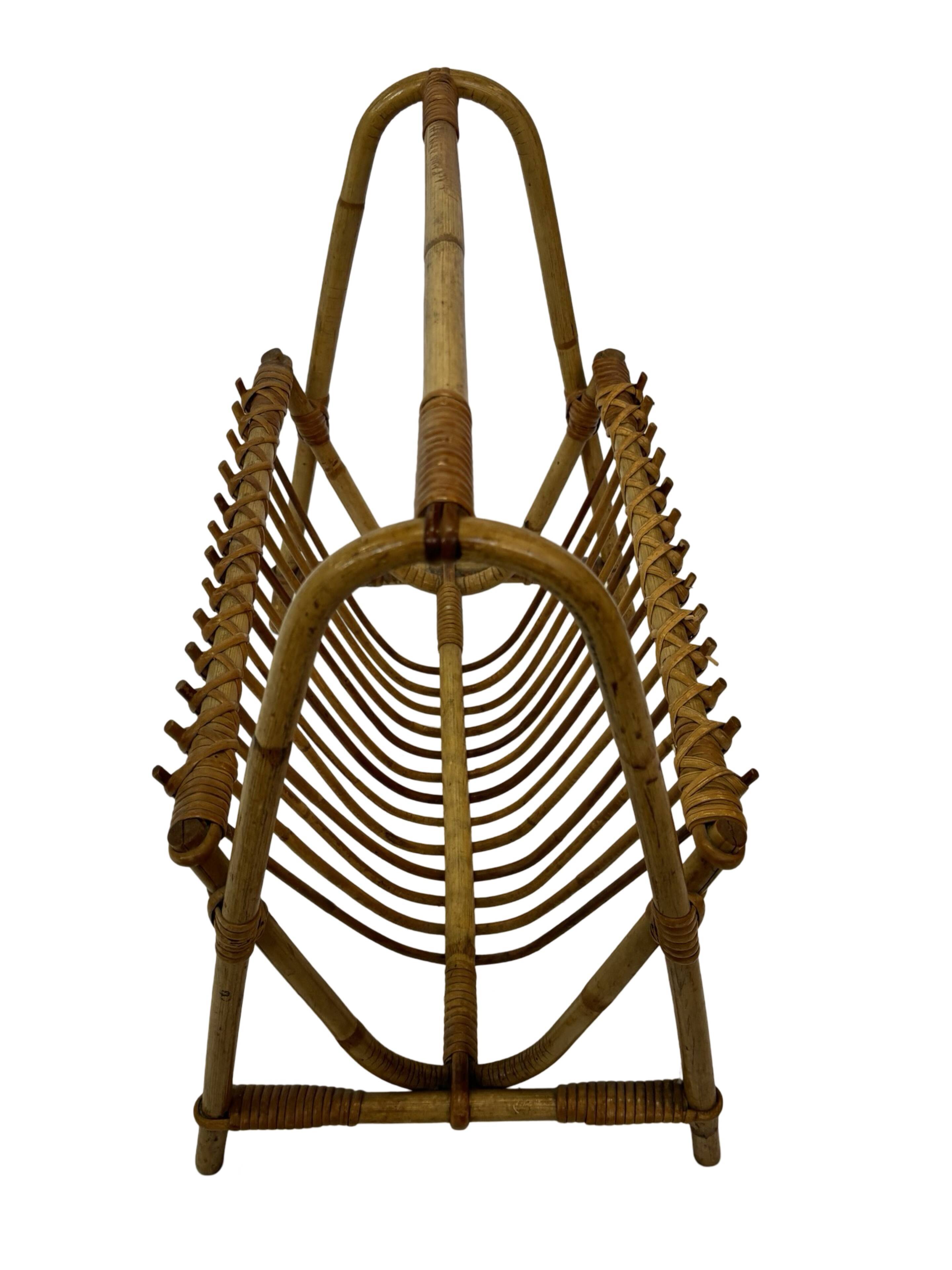 Vintage Rattan Magazine Basket Newspaper Rack 60s Rohe
