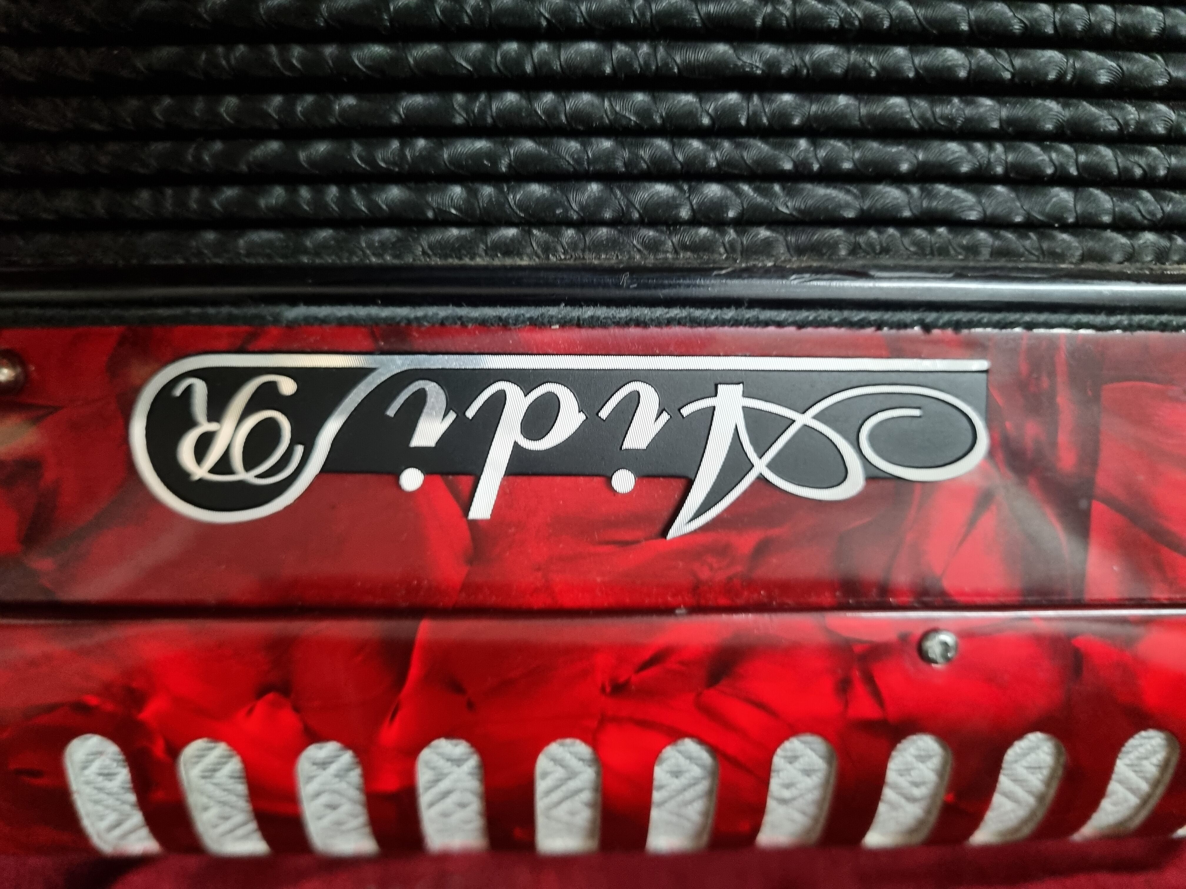 Red Aidi R accordion in his suitcase