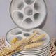 8 white/grey-blue shell/oyster plates, Moulin des Loups Orchies, France