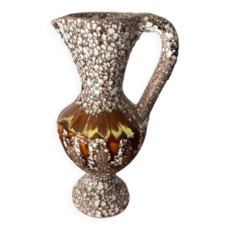 Large Vallauris Fat Lava brown and yellow ceramic pitcher from the 70s
