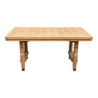 Table à manger extensible art déco en chêne brut et marqueterie, rénovée
