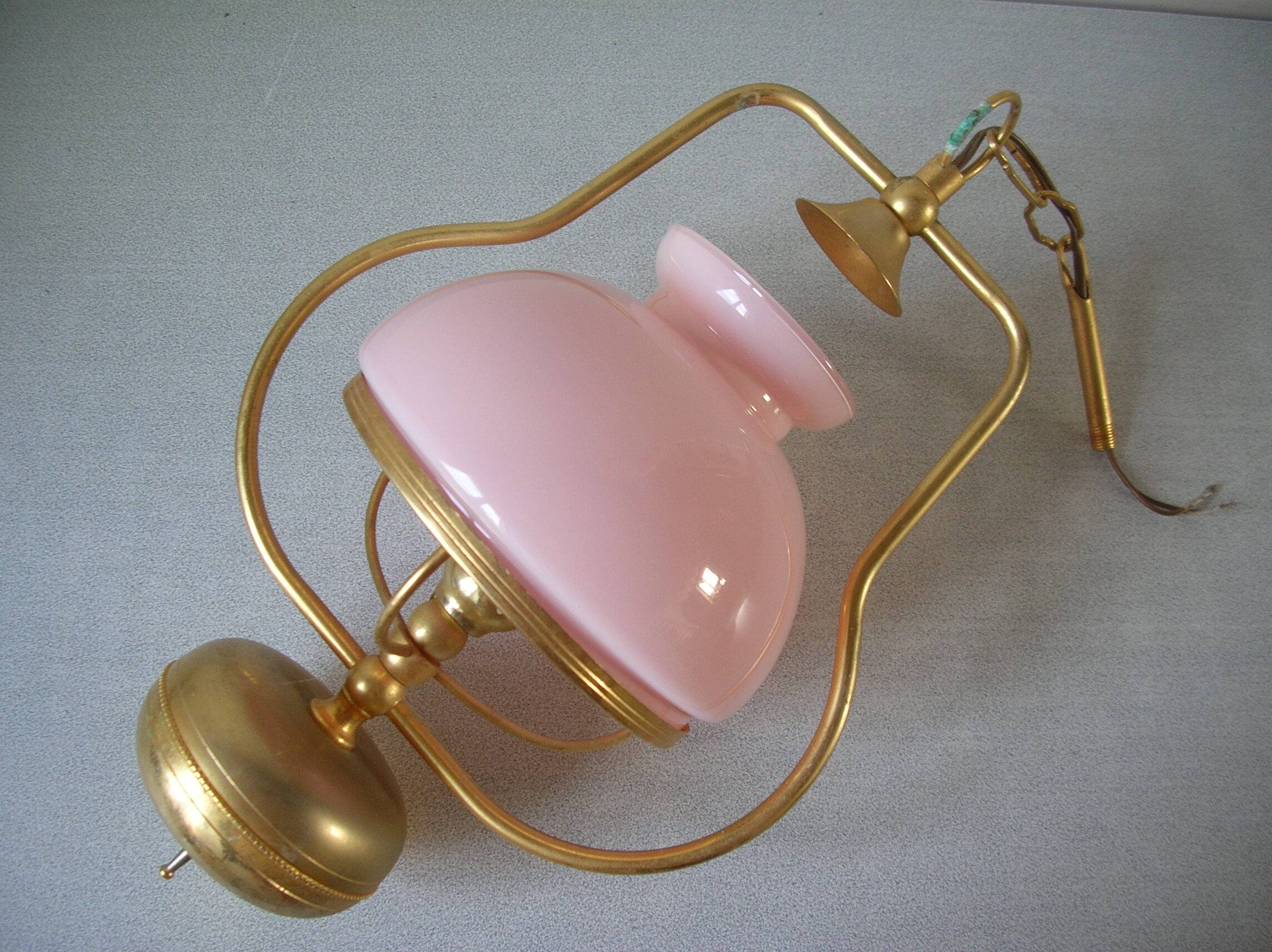 Old chandelier suspension light fixture in golden brass pearl pink opaline lampshade