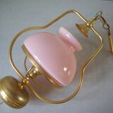 Old chandelier suspension light fixture in golden brass pearl pink opaline lampshade