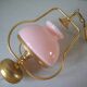 Old chandelier suspension light fixture in golden brass pearl pink opaline lampshade