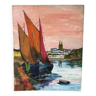 Oil on wood “Fishing boats at the quayside”