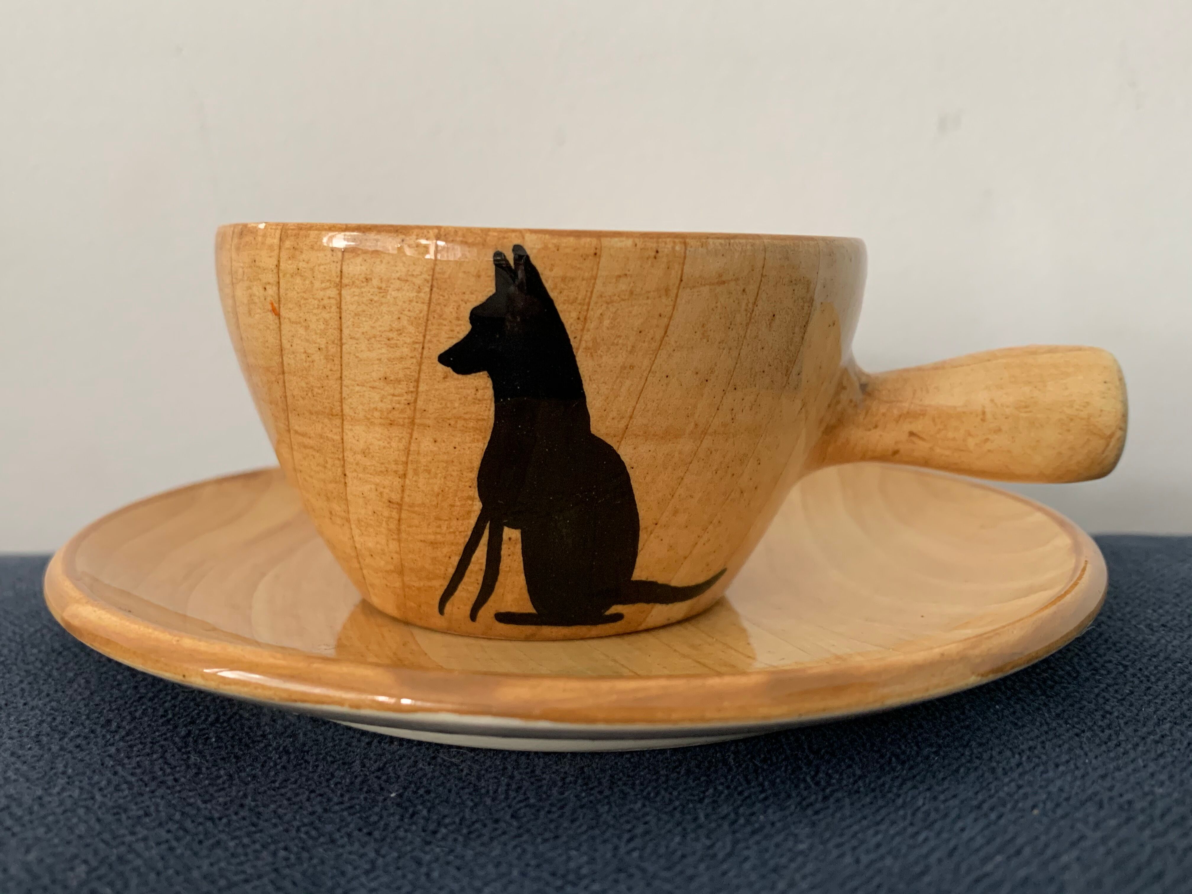 4 coffee cups and 4 sub cups zoomorphic ceramic animals Grandjean Jourdan Vallauris 1950