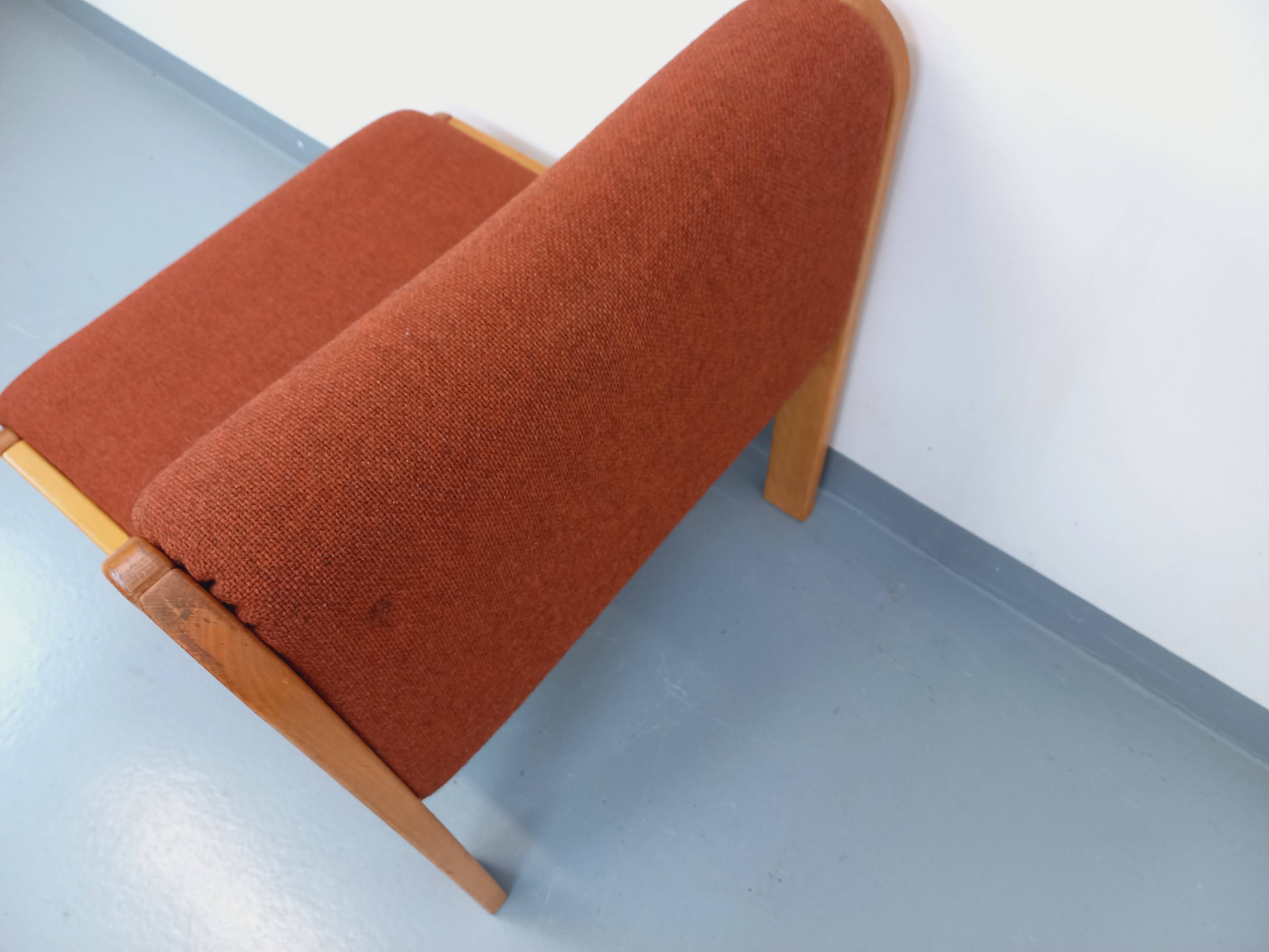 Vintage Fröscher armchair in orange fabric and wood from the 70s 80s