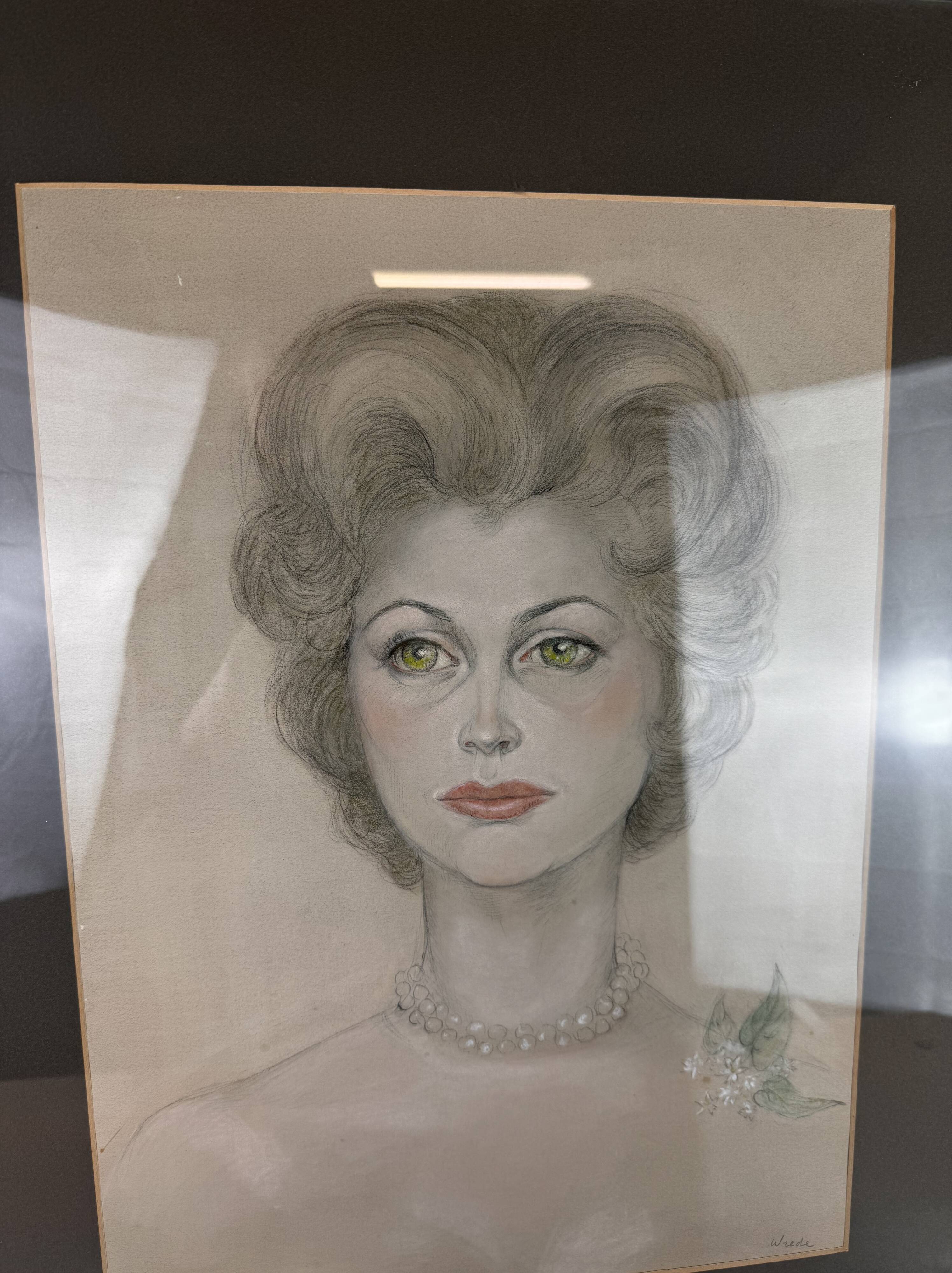 Maria Elisabeth Wrede: superb colorized drawing around 1950, the woman with the pearl necklace