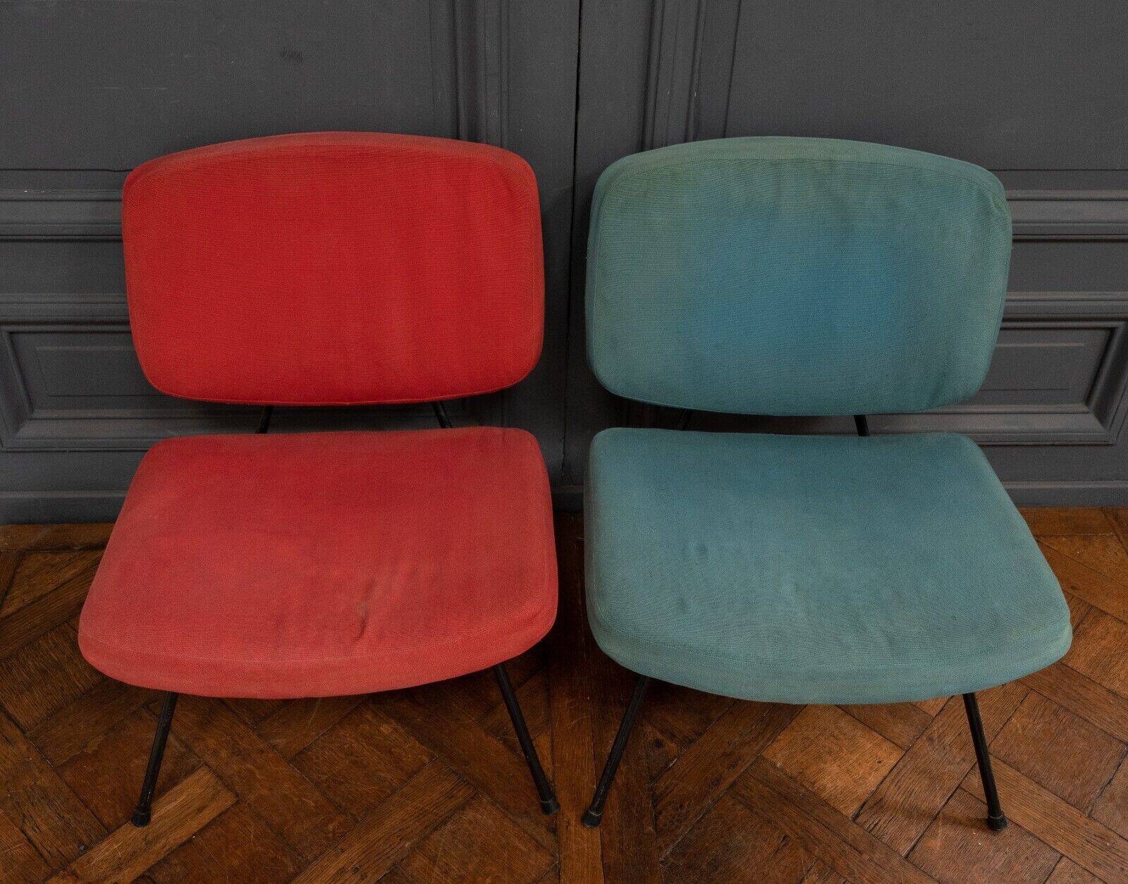 Pair of CM190 Pierre Paulin red and blue Thonet edition low chairs