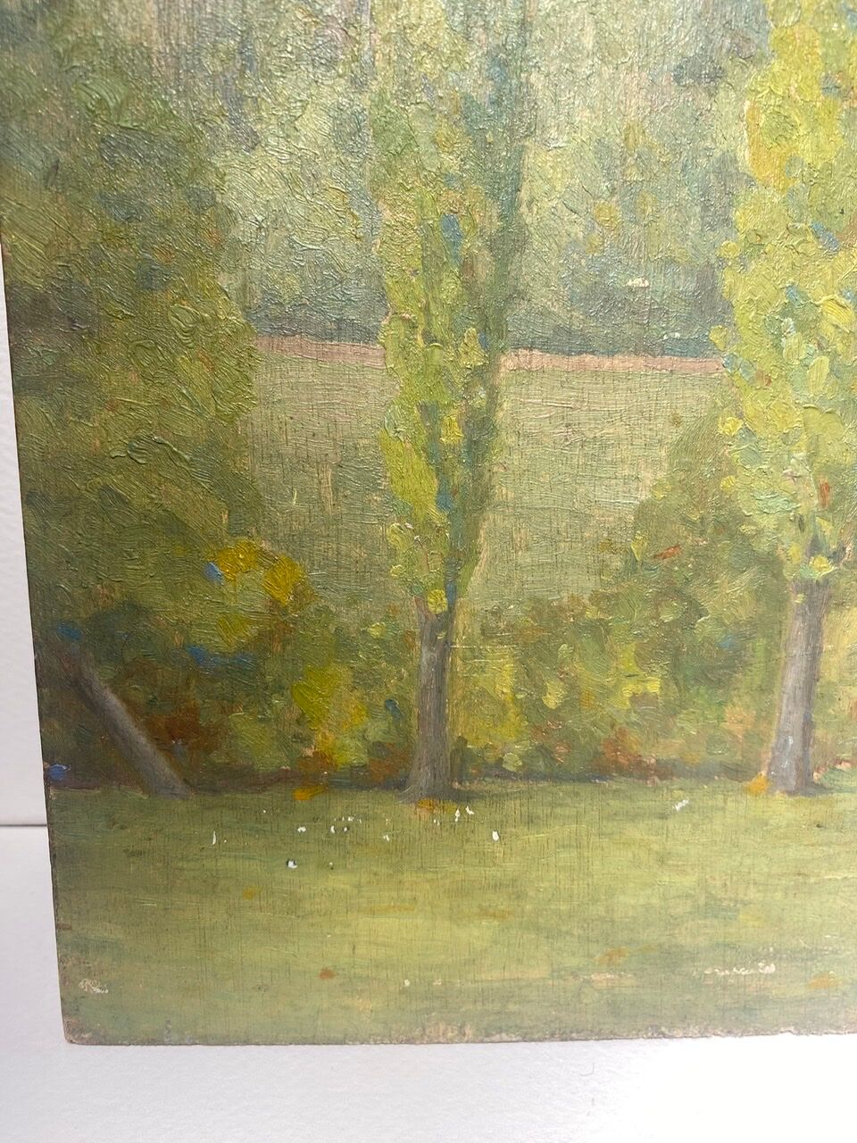 Tableau ancien, double face, paysage bord de Saône, début XX siècle