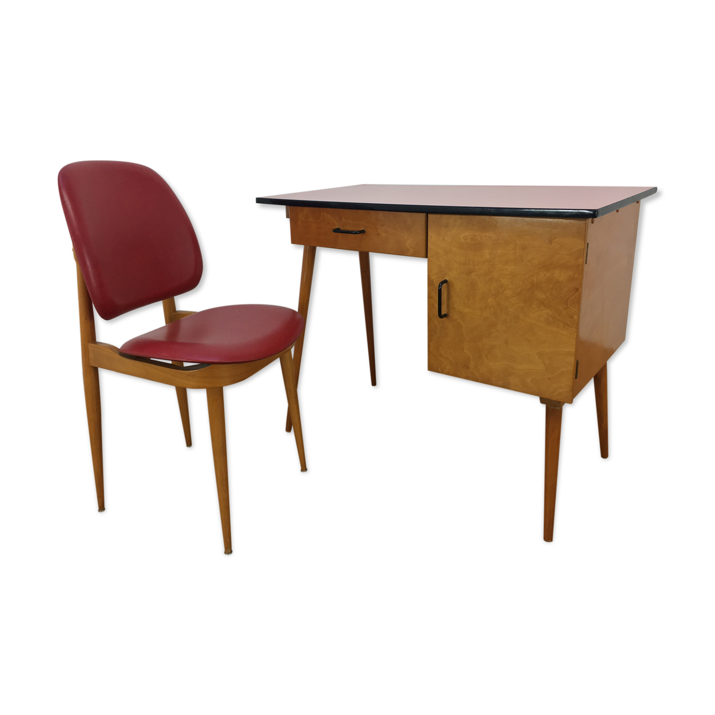Bureau et chaise Baumann Pégase rouges, pieds compas