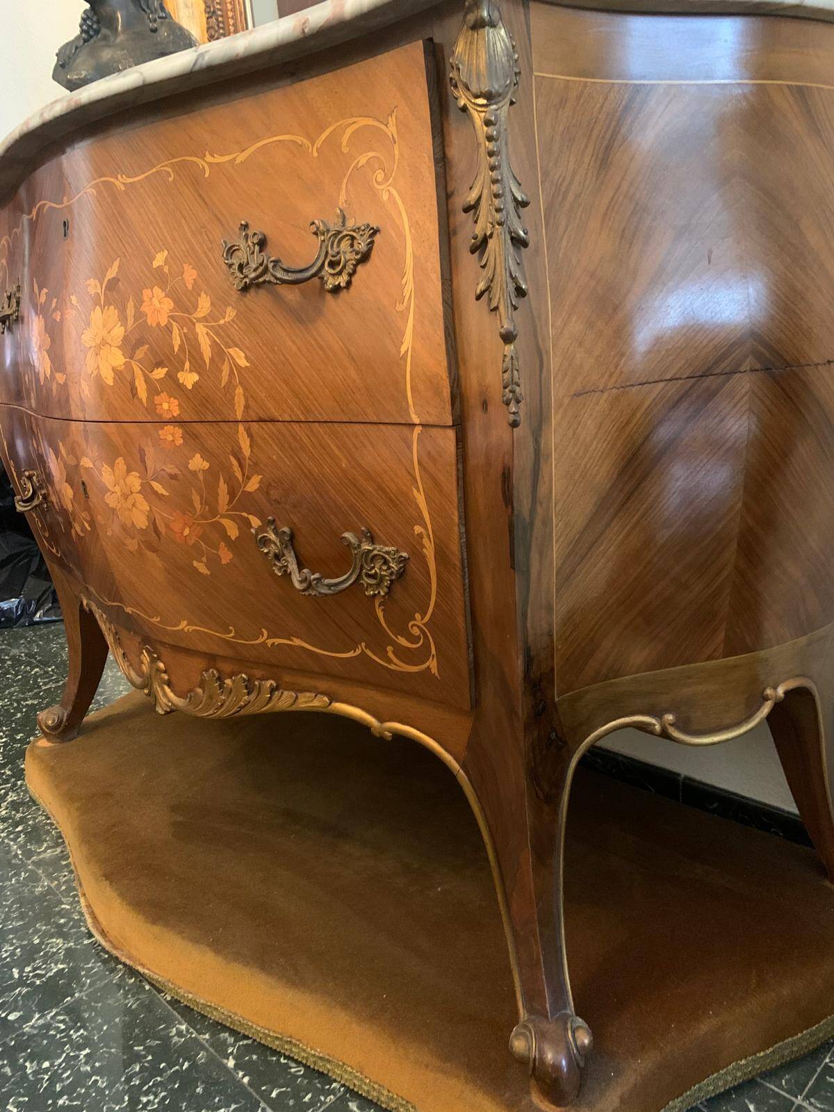 Walnut chest of drawers with marquetry and marble, 1958