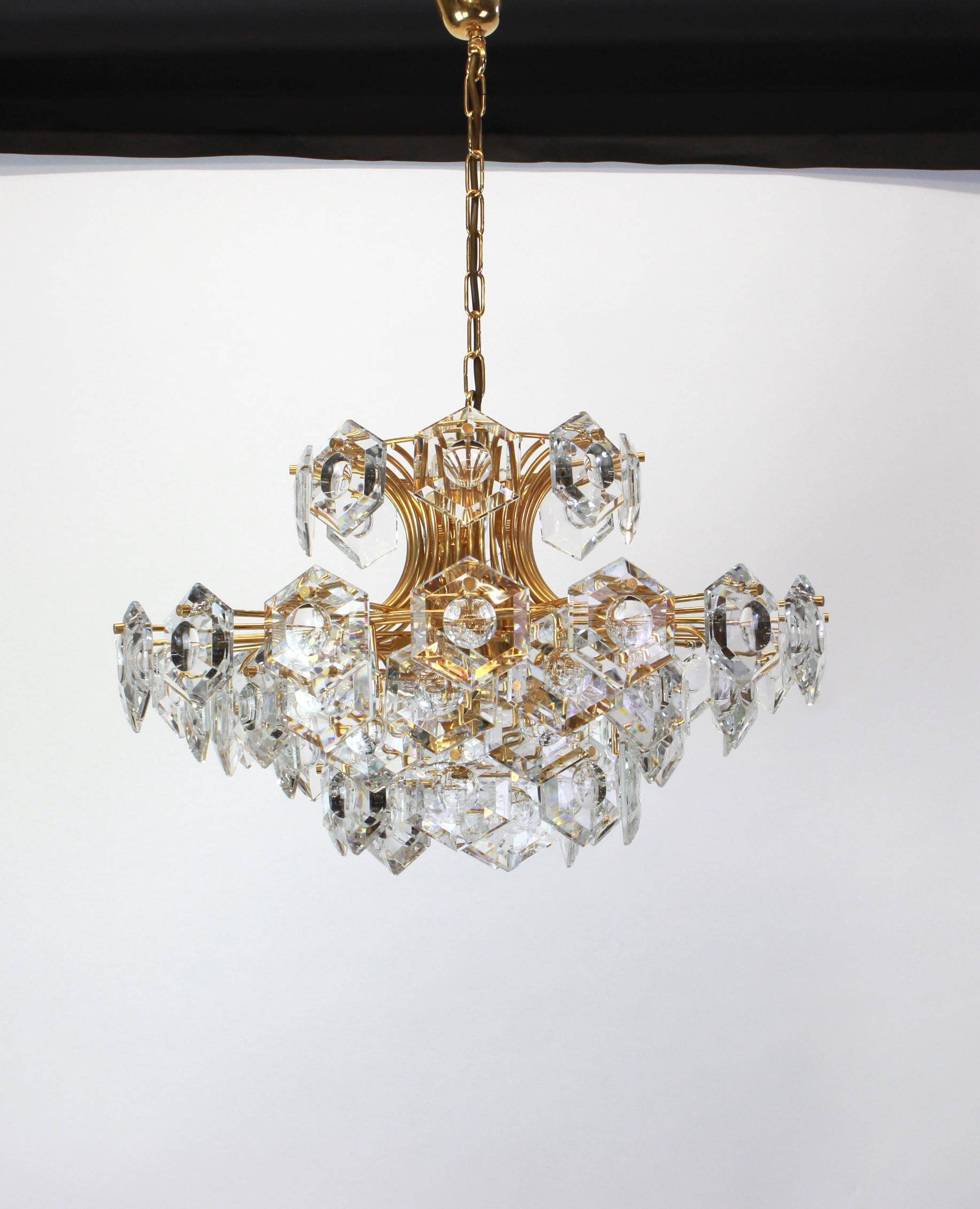Large gilded brass and crystal chandelier by Kinkeldey, Germany, 1960s.