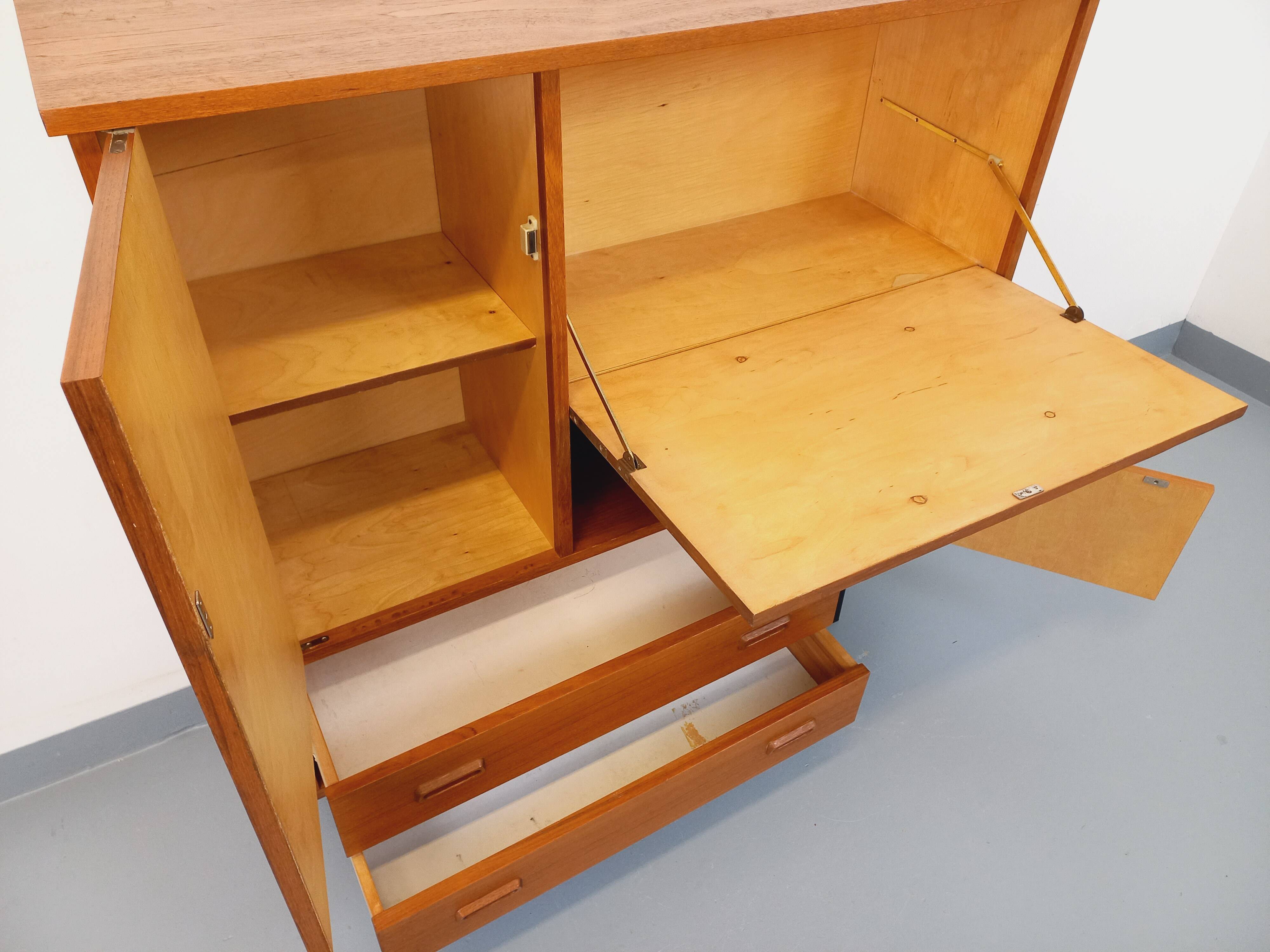 Vintage Scandinavian style secretary bookshelf storage furniture.