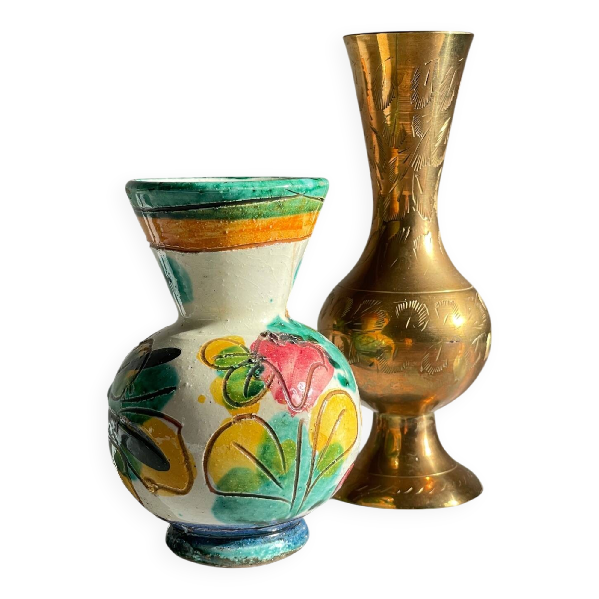 VINTAGE Ceramic Artisan Vases and Brass