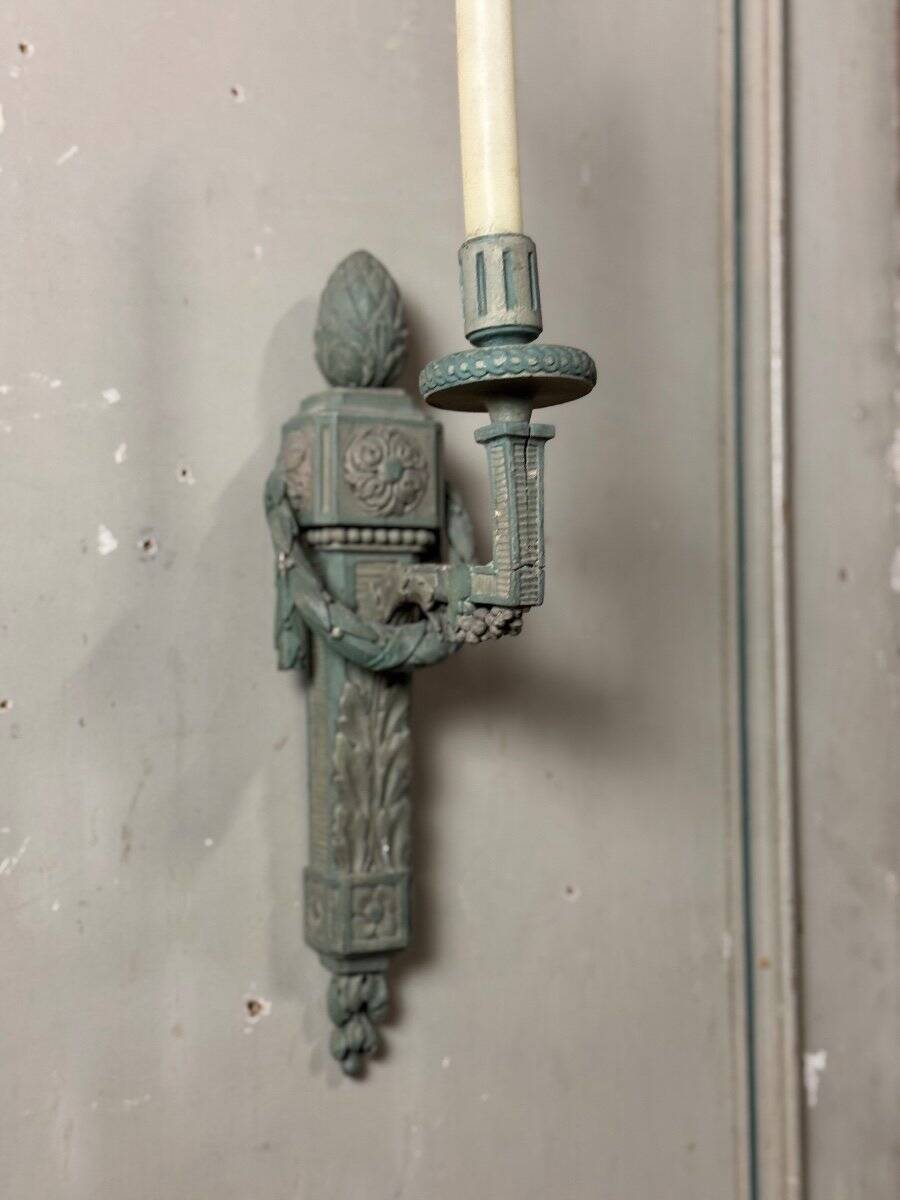 Pair of Louis XVI Style Wall Lights in Carved and Painted Wood, Circa 1900