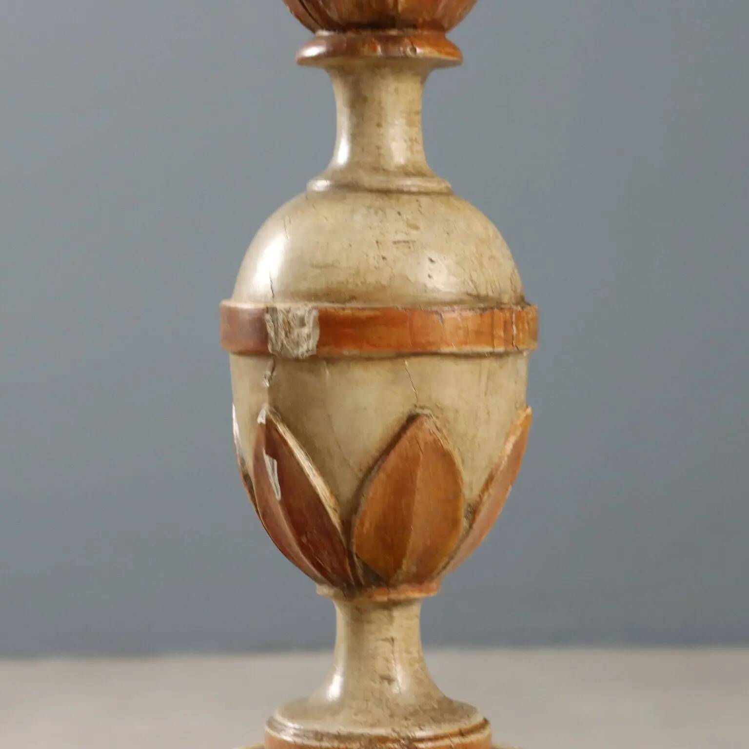 Antique carved lacquered wooden candelabrum with fabric, 19th century