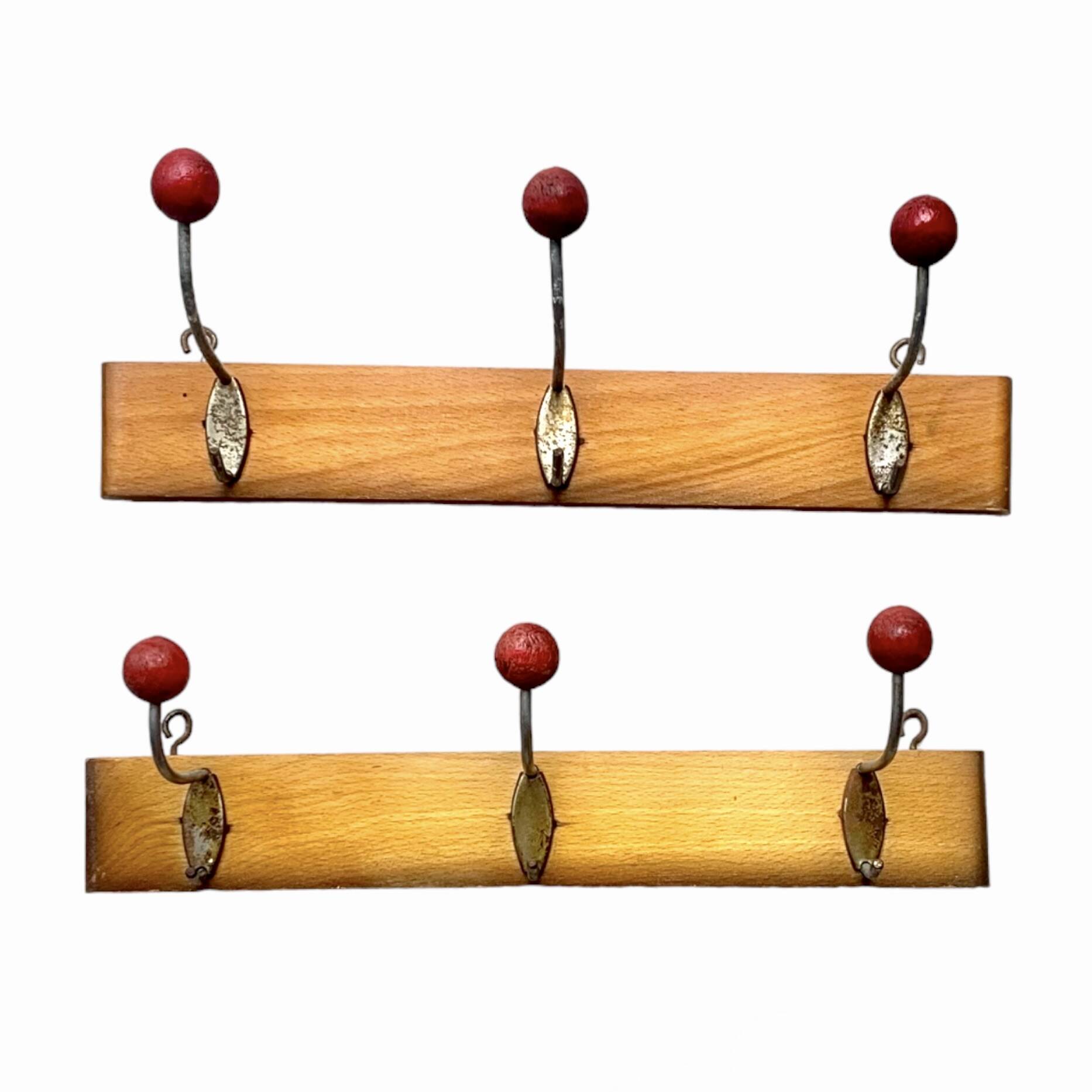 Pair of vintage wooden wall coat racks with three red ball hooks
