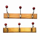 Pair of vintage wooden wall coat racks with three red ball hooks