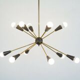 Lampadario Sputnik con 10 punti luce – Ottone e coni nero opaco, Italia, an