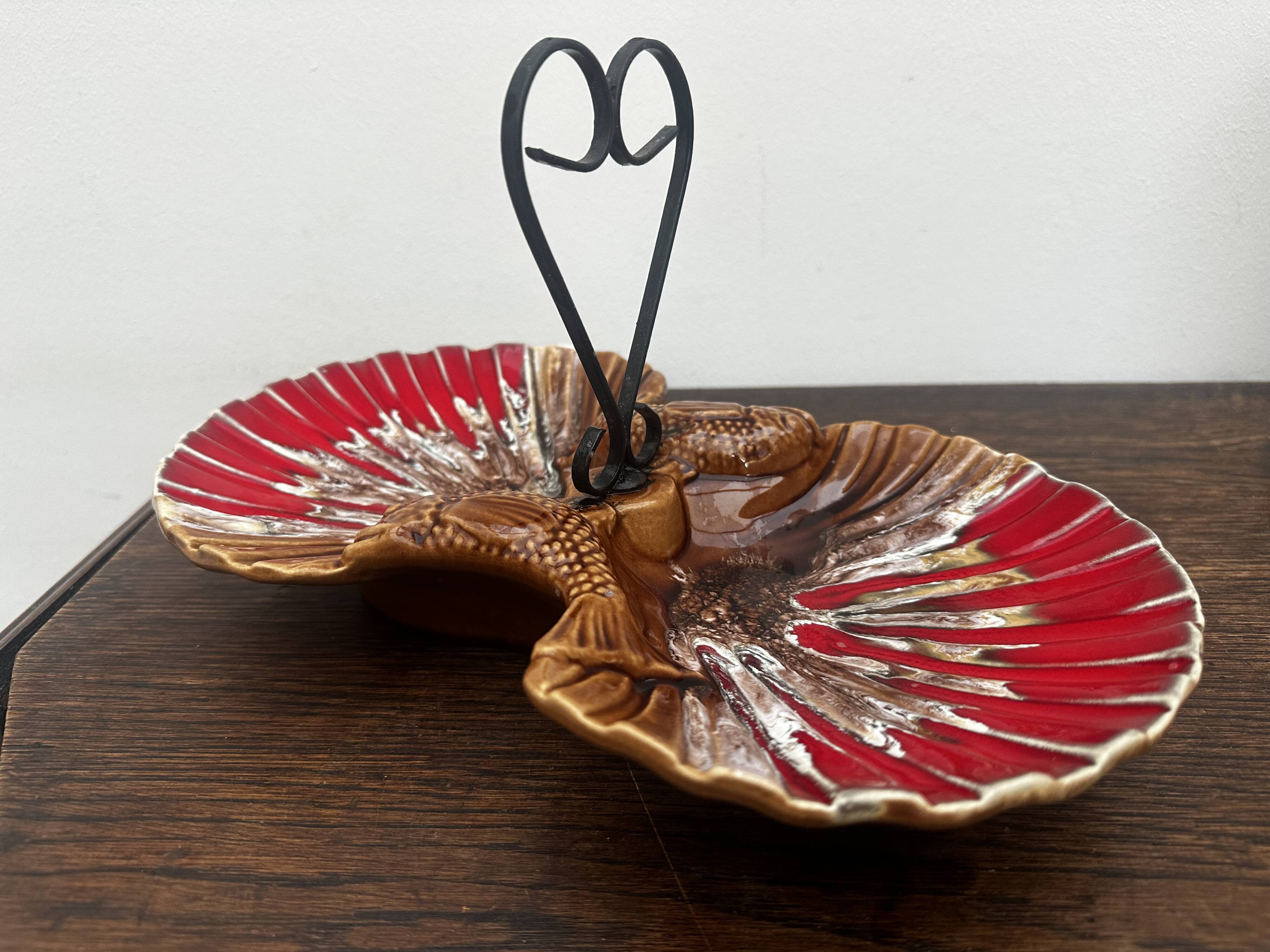 Ceramic hors d'oeuvre server Vallauris shell slipware fish