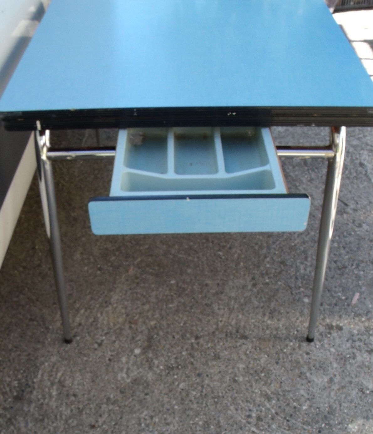 Blue formica table with extension with drawer