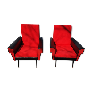 Paire de fauteuils vintages tissu rouge et skaï noir 1960s.