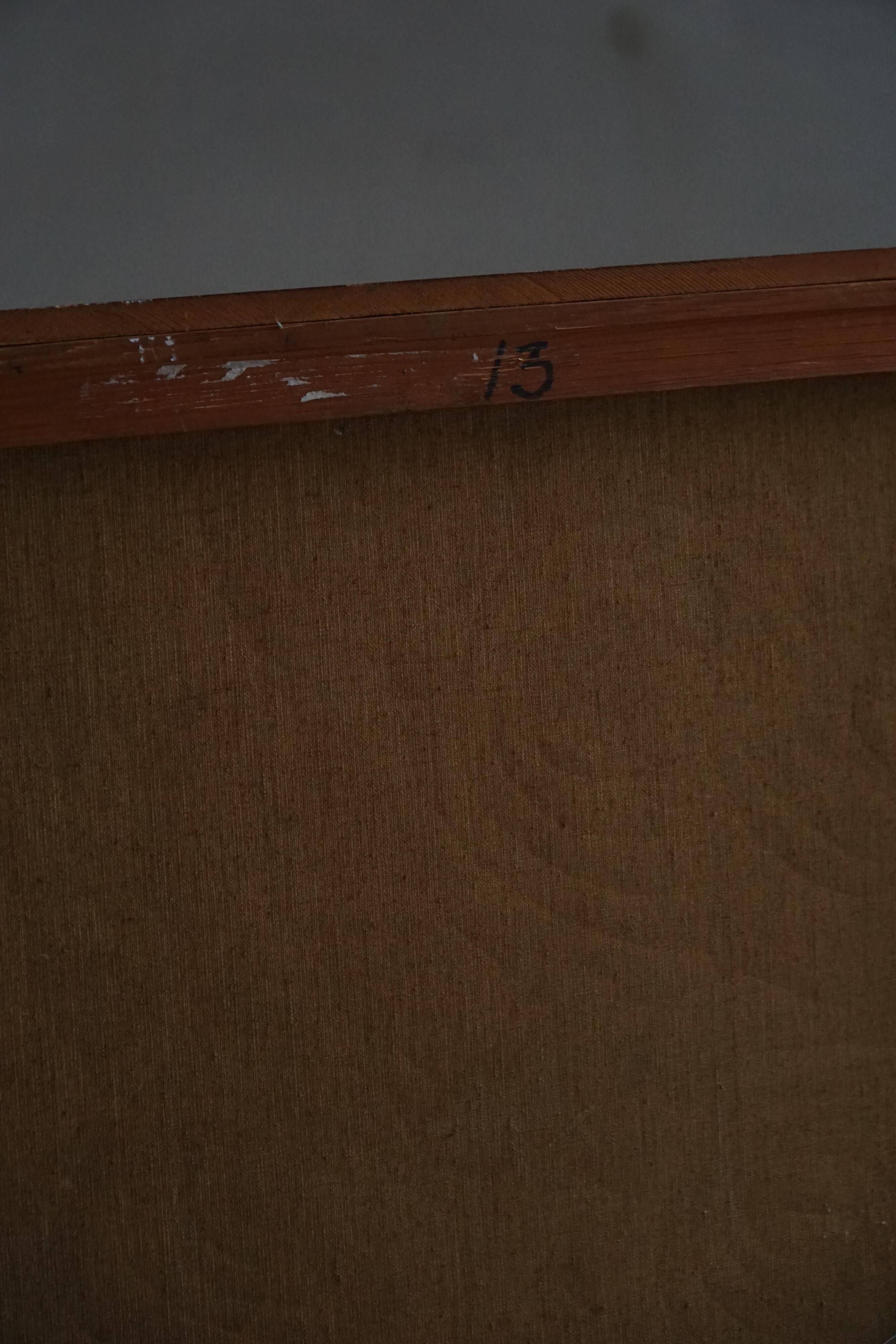 Mid-century pastel oil abstract painting, Danish artist, patinated wooden frame.