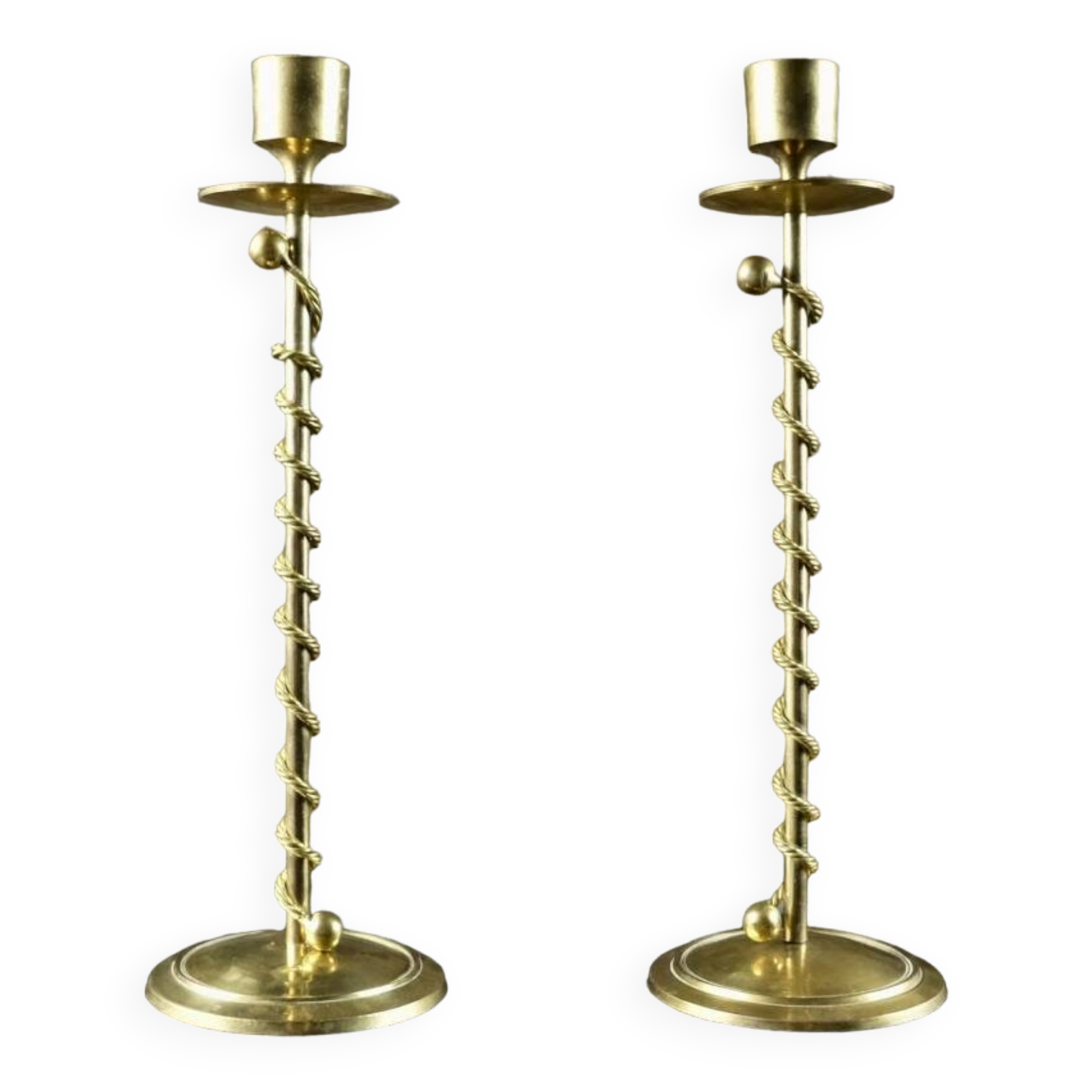 Pair of Art Deco twisted brass candlesticks, France, 1930s