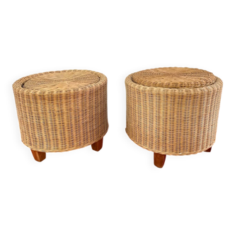 Paire de poufs en rotin avec rangement - Années 70