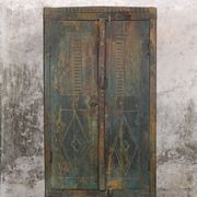 Indian furniture Blue patinated carved wardrobe with 2 doors and 1 shelf, unique piece