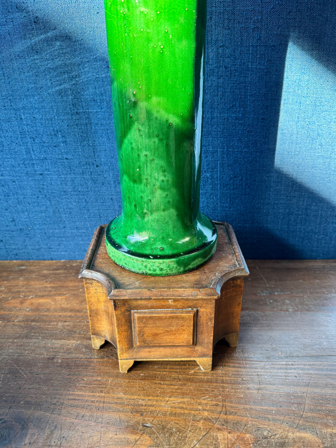 Large Art Nouveau vase in crackled green glazed stoneware – Baluster neck