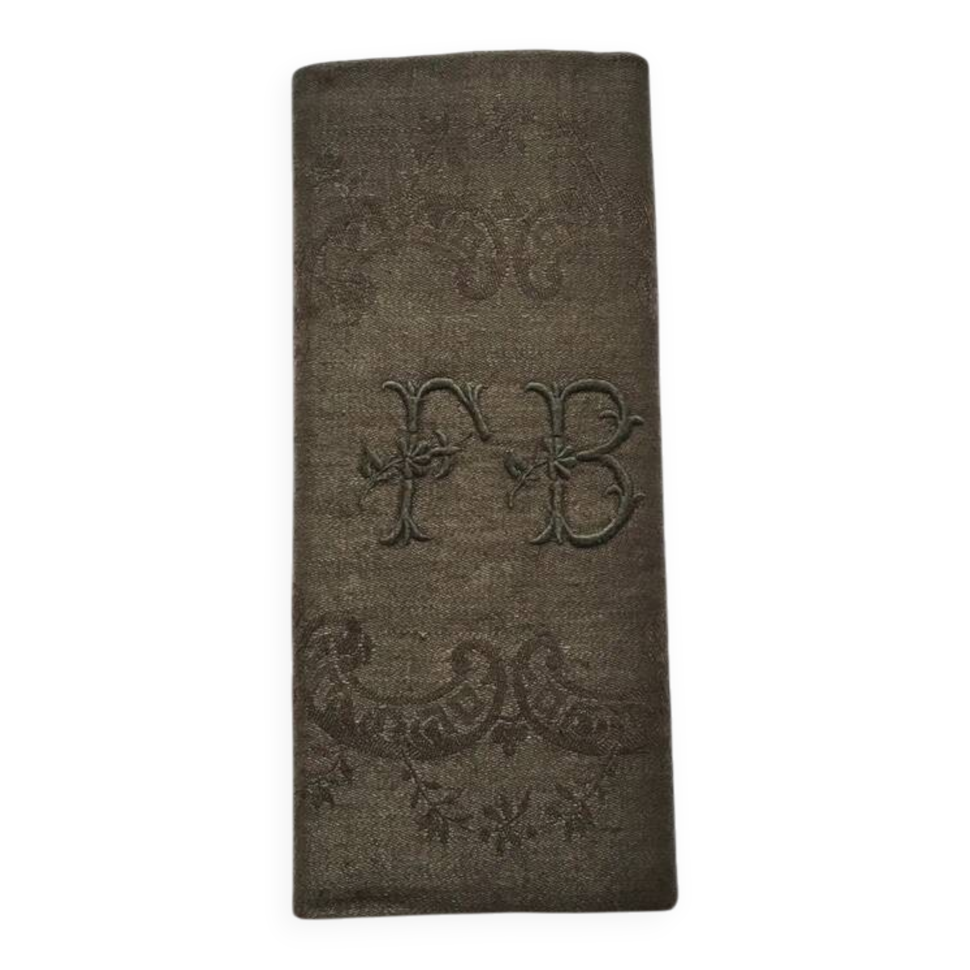 Serviette de table ancienne kaki brodée FB