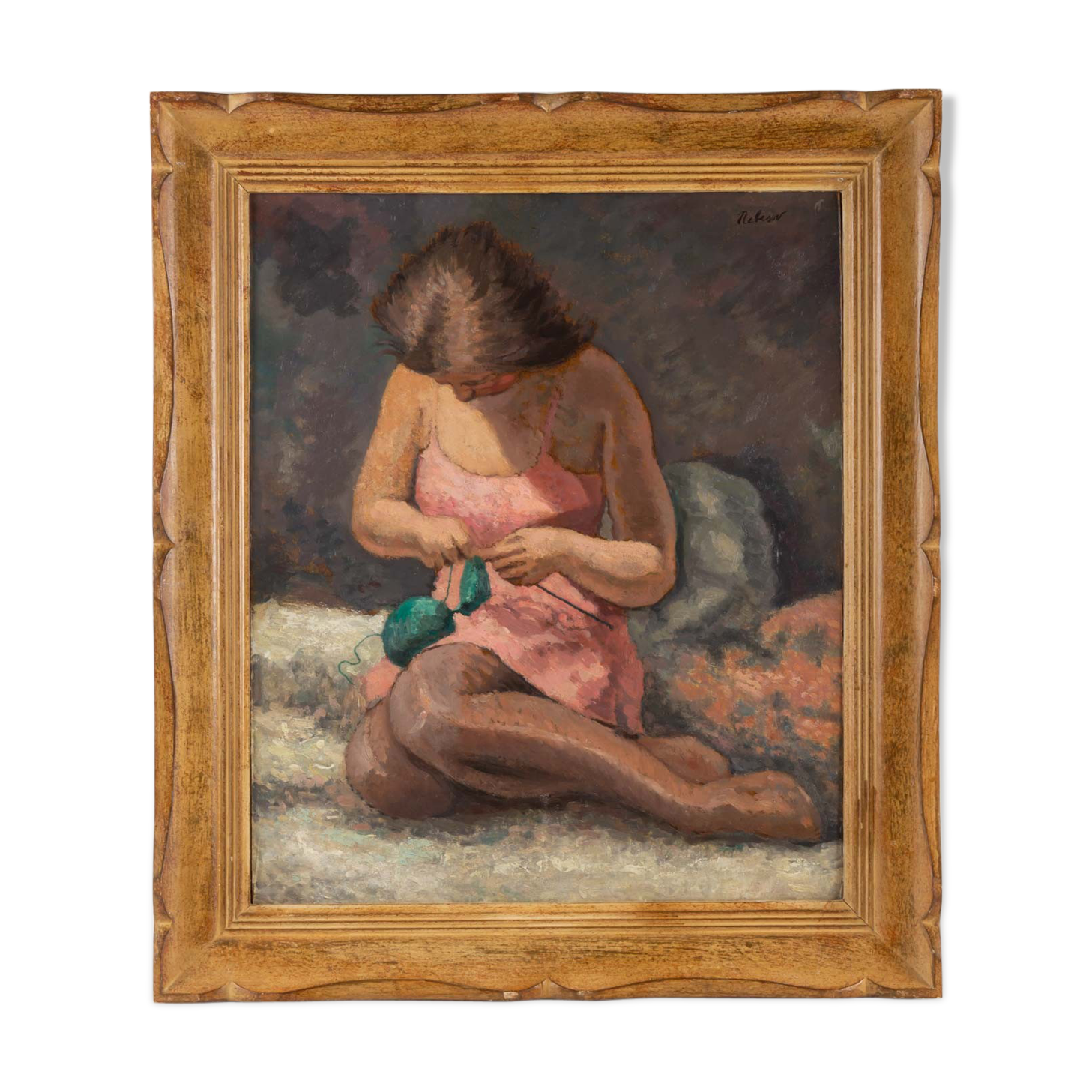 Painting, young knitting woman signed J. Nebesov 30