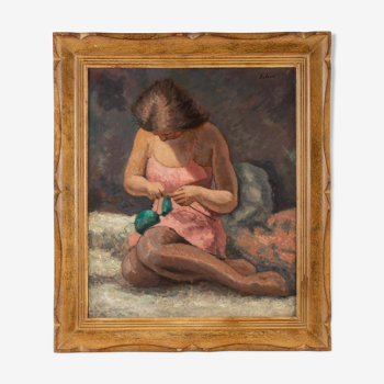 Painting, young knitting woman signed J. Nebesov 30