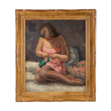 Painting, young knitting woman signed J. Nebesov 30