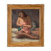 Painting, young knitting woman signed J. Nebesov 30