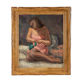 Painting, young knitting woman signed J. Nebesov 30
