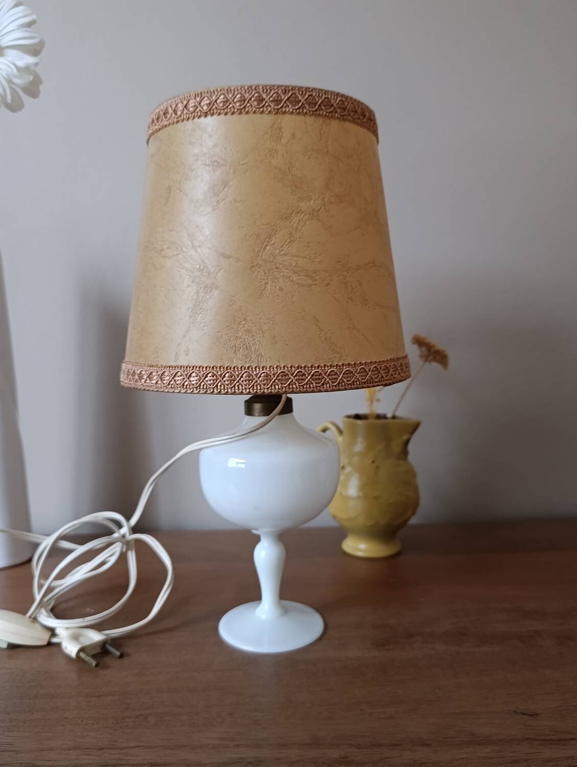 Retro white opaline table lamp, pigskin shade, 1950.