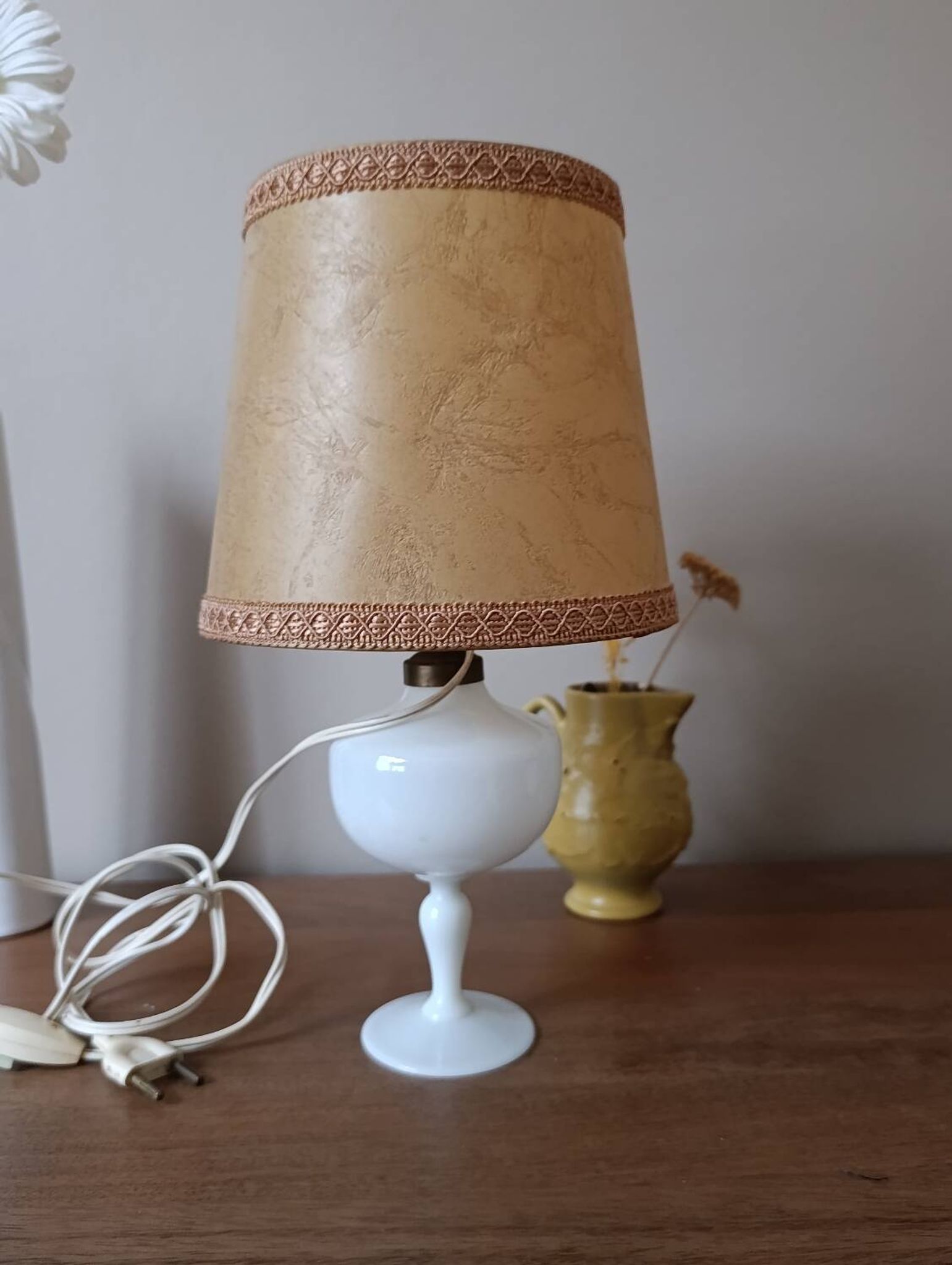Retro white opaline table lamp, pigskin shade, 1950.