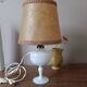 Retro white opaline table lamp, pigskin shade, 1950.