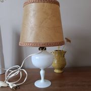 Retro white opaline table lamp, pigskin shade, 1950.