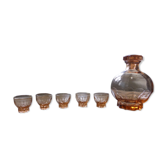 Carafe and 5 liqueur glasses in pink glass with gold rim 2008123