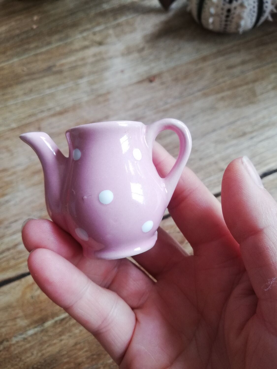 Miniature pink pitcher with white polka dots for play kitchen or dollhouse